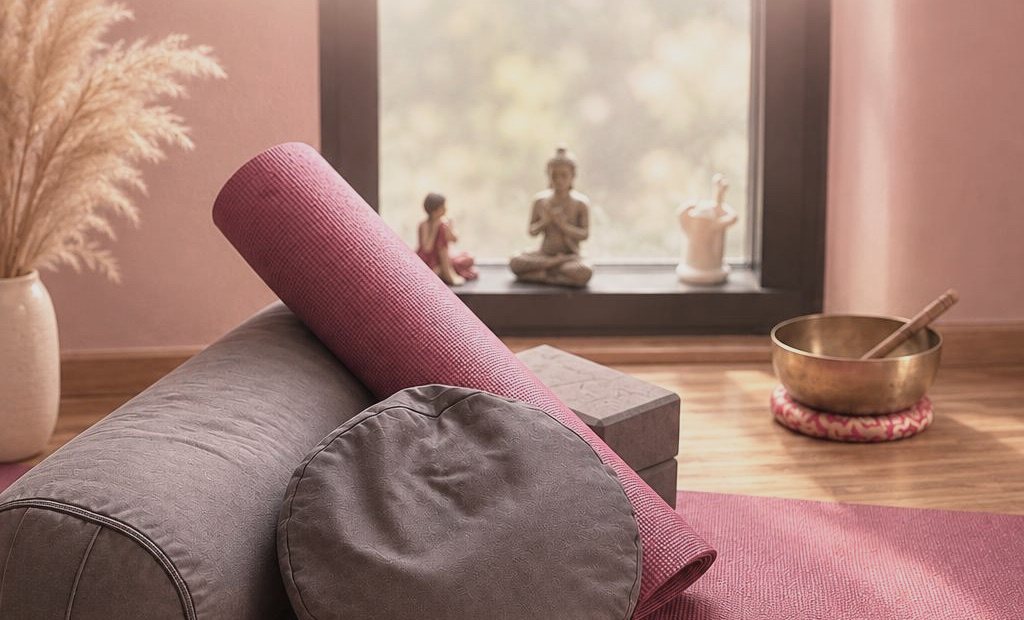 Yogaraum mit Matte, Bolster, Klangschale und Blick ins Grüne