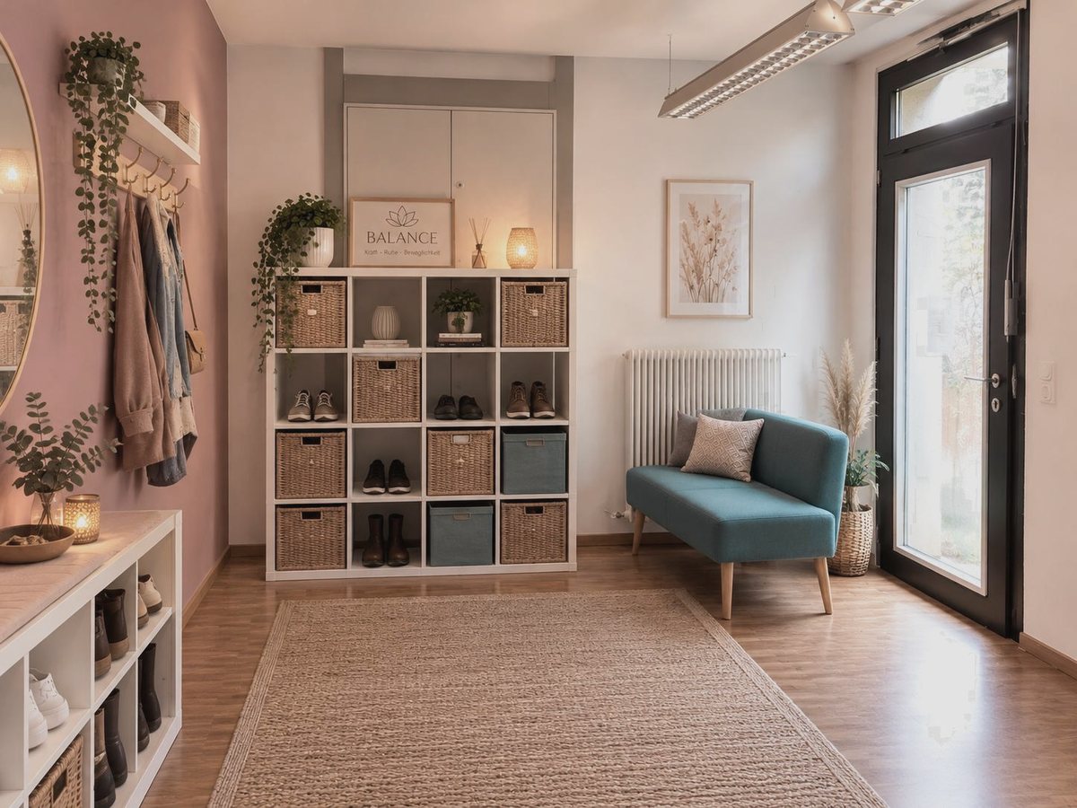 Vorraum mit Regal, Garderobe, türkisfarbener Sitzbank und Blick durch die Glastür